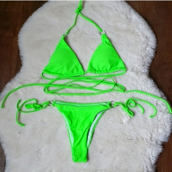 New Neon Green Wrap Around Strappy Cheeky Bikini Set Swimsuit Size L - Picture 6 of 6